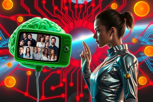 Futuristic digital scene with a woman interacting with a high-tech interface featuring a brain and human faces.