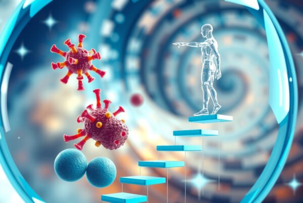 Futuristic illustration of a holographic human interacting with floating viruses, symbolizing medical and technological innovation.