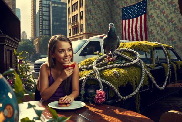 Woman enjoying snack in surreal urban landscape.