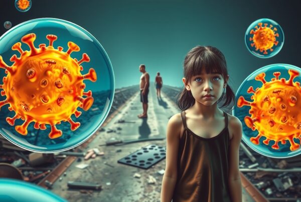 Surreal image of a young girl surrounded by oversized virus imagery, highlighting pandemic impact.