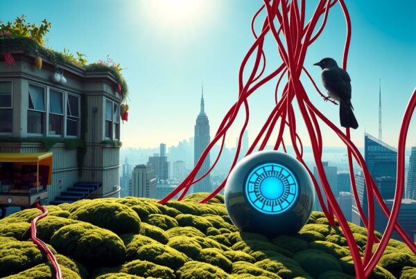 A rooftop garden blends nature with technology, featuring a glowing sphere, red cables, and a bird in a cityscape.