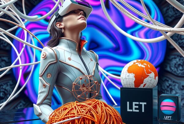 A woman in a futuristic suit and VR headset surrounded by colorful cables and a swirling background.