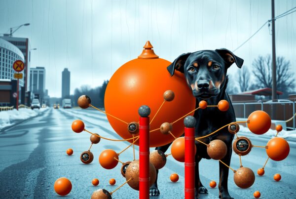 An abstract visual of a dog on a city street with spheres and geometric designs.