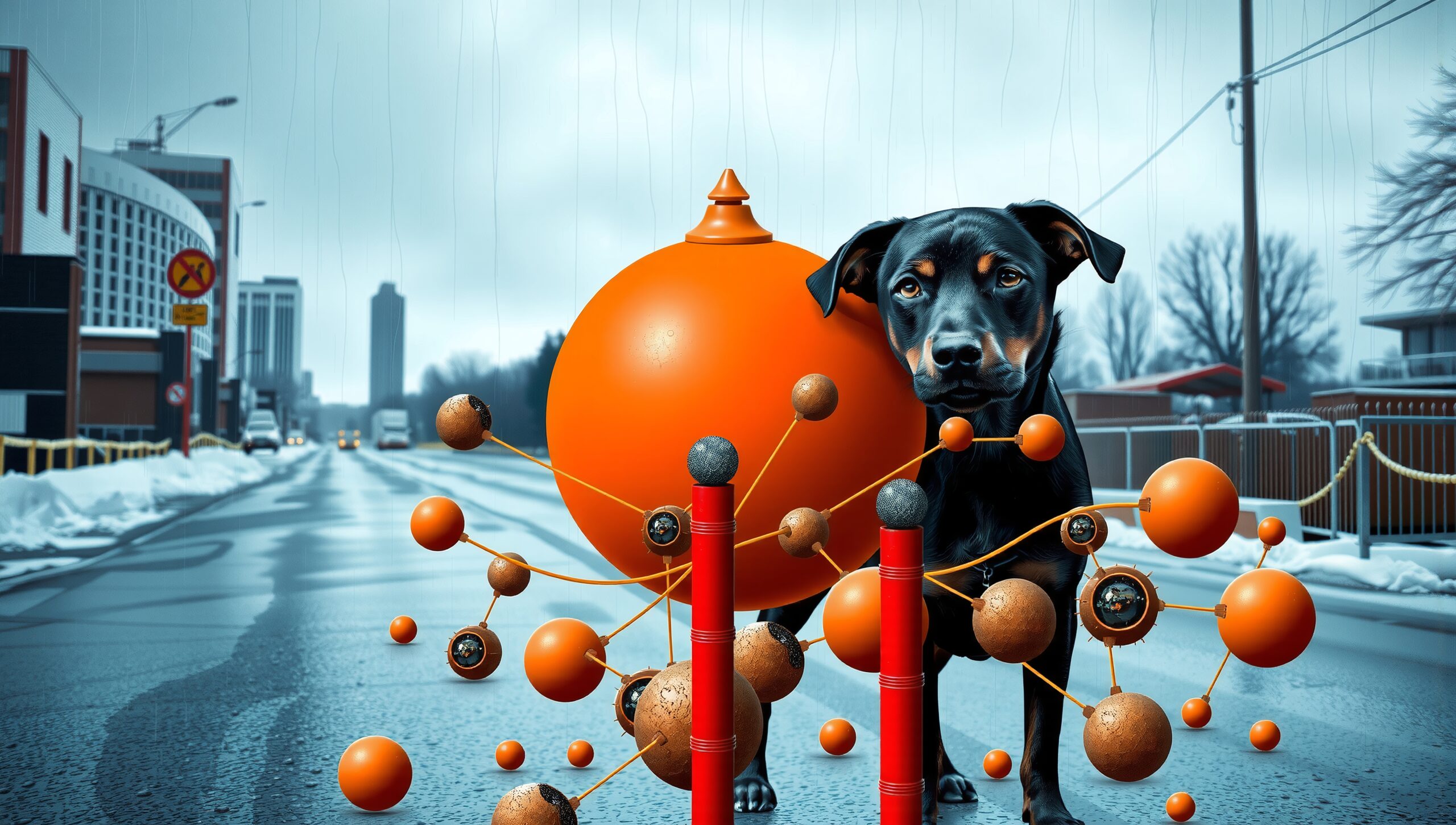 Dog with Abstract Orange Spheres