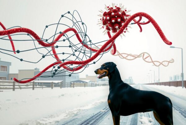 A Doberman stands on snowy road observing floating futuristic molecular structures.