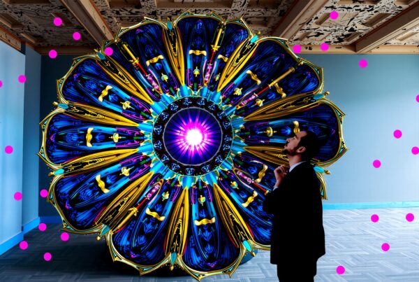 A vibrant, large circular art installation with a peacock feather design, featuring vivid blues and golds, observed by a person in a gallery.