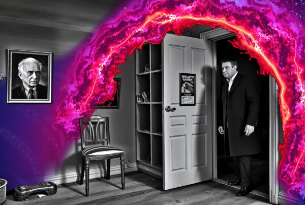 A man steps through a cosmic portal into a grayscale room.