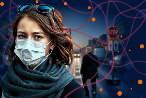 Woman wearing a face mask on a vibrant abstract city background, emphasizing safety and urban life challenges.
