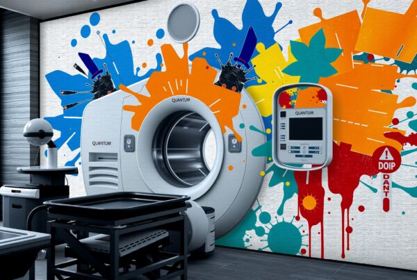 A modern medical imaging room featuring a colorful art wall and advanced QUANTUM machine.