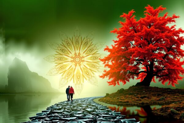 A surreal landscape with a stone path, red tree, and ornate mandala reflecting in calm water.
