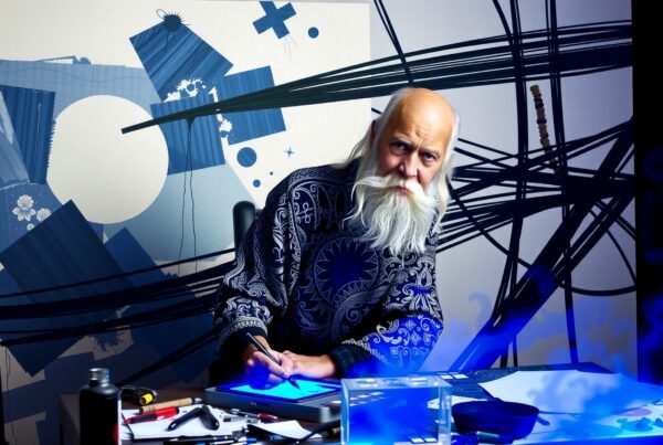 Elderly artist in robe working on a digital drawing, surrounded by art supplies, against an abstract, geometric background.