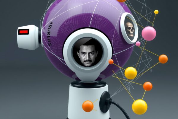A futuristic device with a display screen featuring human and skull images, surrounded by colorful connected nodes.