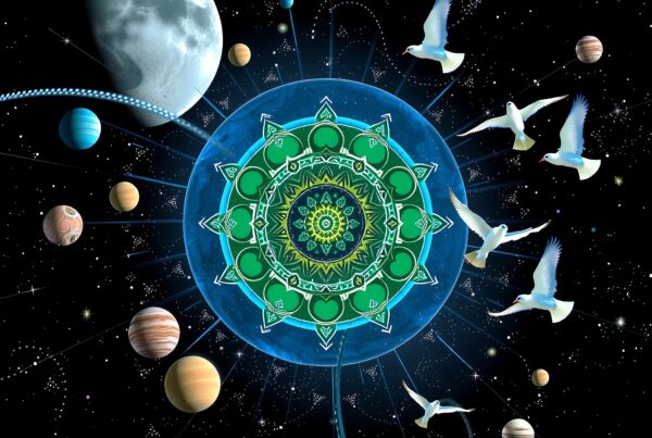 Cosmic scene with mandala, planets, and birds in a starry space.