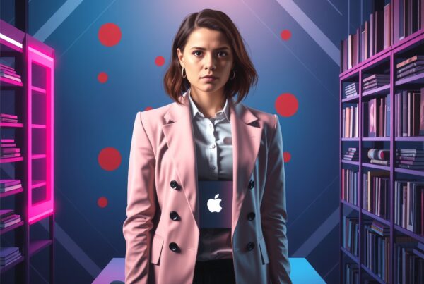 A determined woman stands in a futuristic library, blending technology and style.