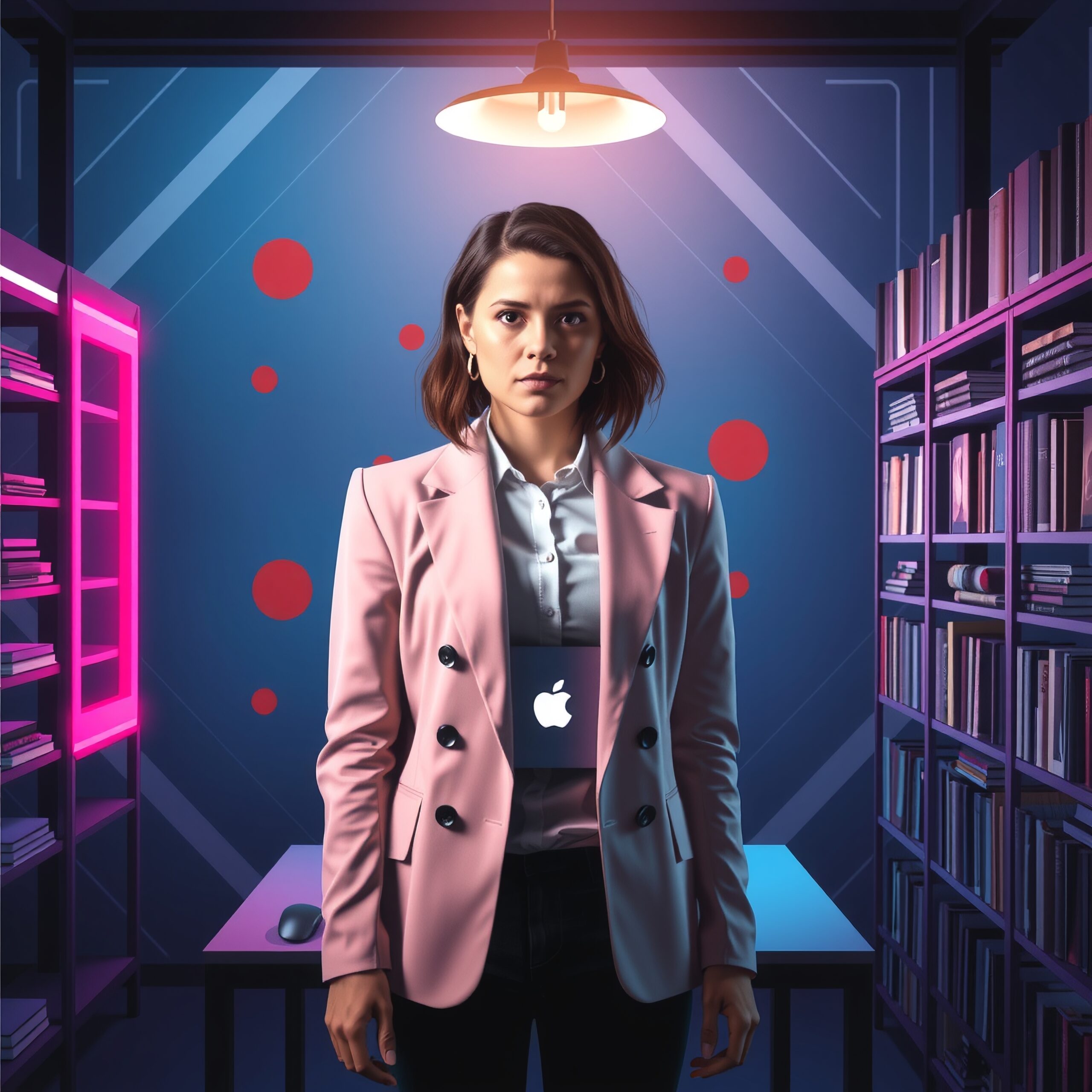 Futuristic Library with Apple Glow