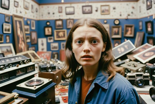 A surprised woman stands in a room full of vintage cameras and framed photographs, offering a nostalgic and artistic ambiance.