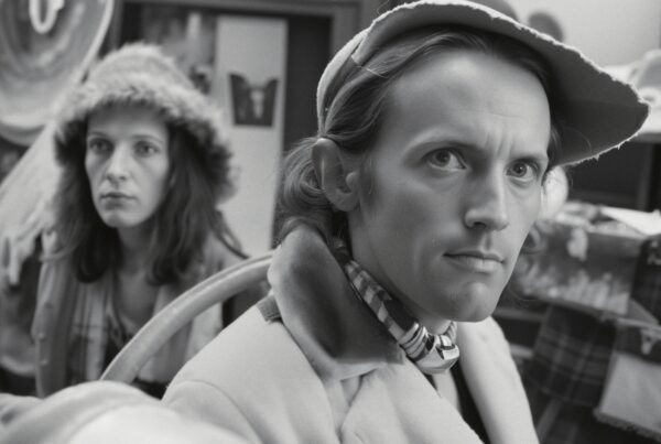 Black and white photo of two people in a vintage shop with fabric and intriguing expressions.