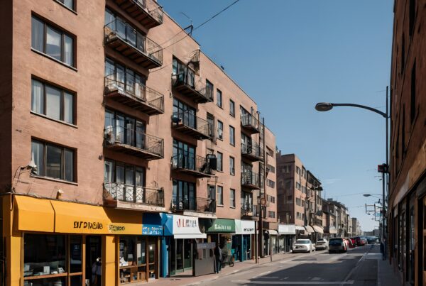 Street view with colorful shops and apartments under clear sky.