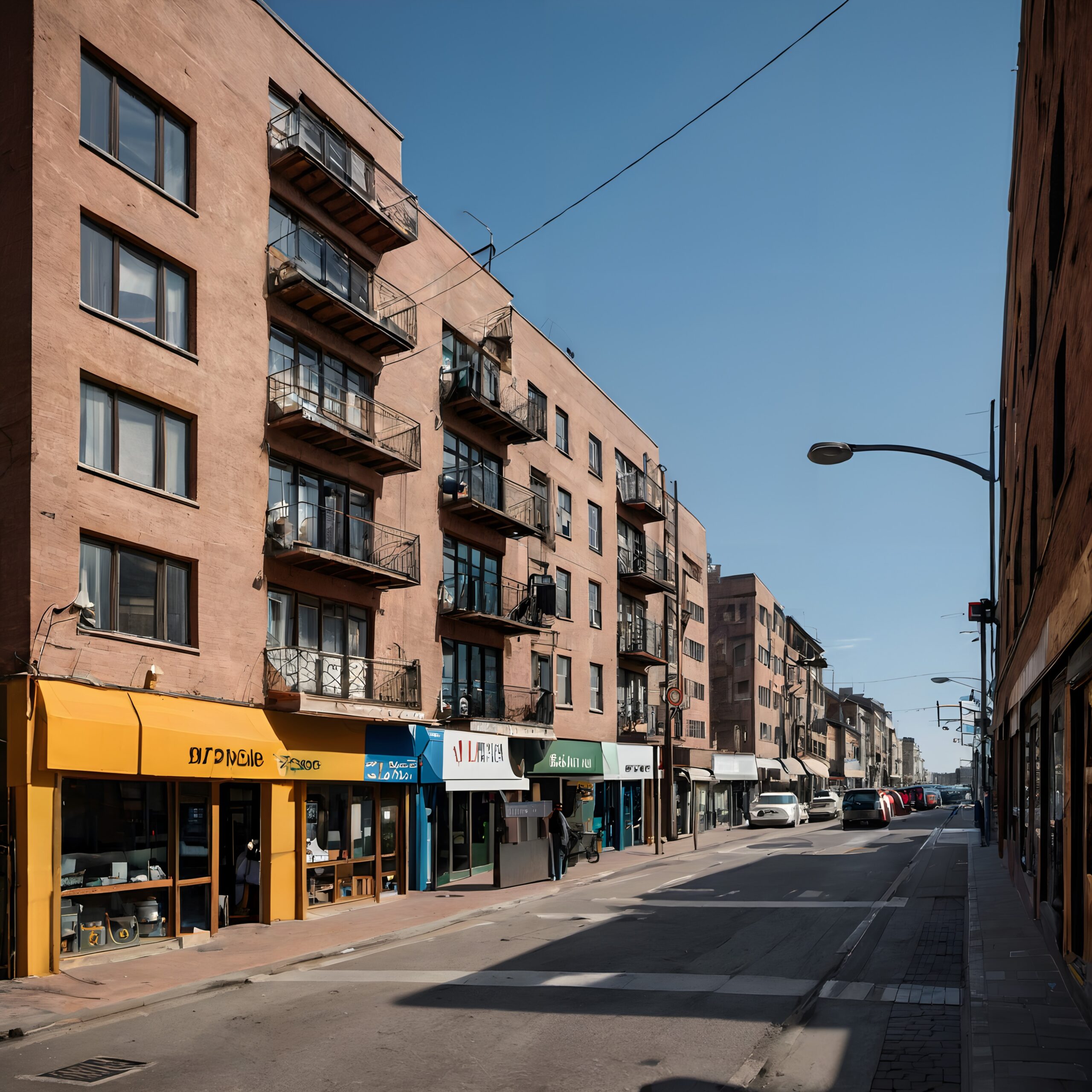 Sunlit Urban Street with Shops