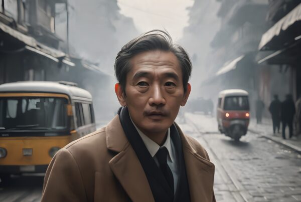 Man in a coat on a misty street with vintage vehicles and buildings.