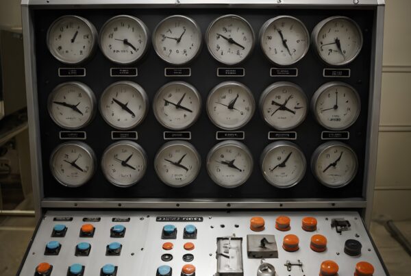 A vintage control panel with analog gauges and colorful buttons, showcasing an industrial and scientific aesthetic.