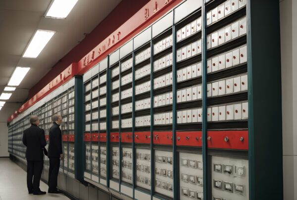 An extensive wall of organized storage units with labeled compartments in a brightly lit corridor.