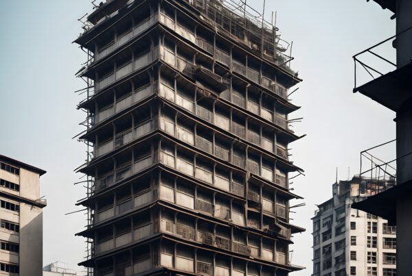 A tall, grid-patterned building under construction with scaffolding in a dense urban area against a clear sky.