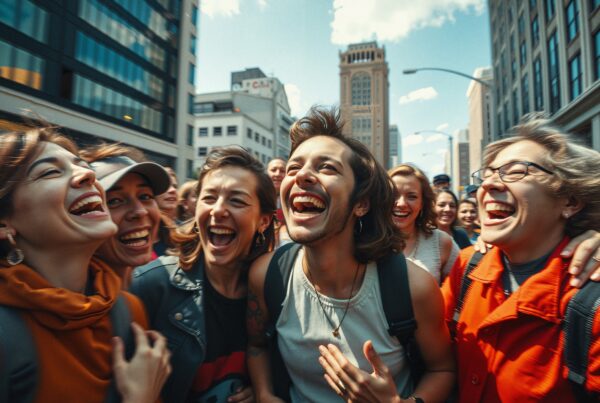 A group of friends laughing joyfully in a busy city street with tall buildings in the background under a bright blue sky.