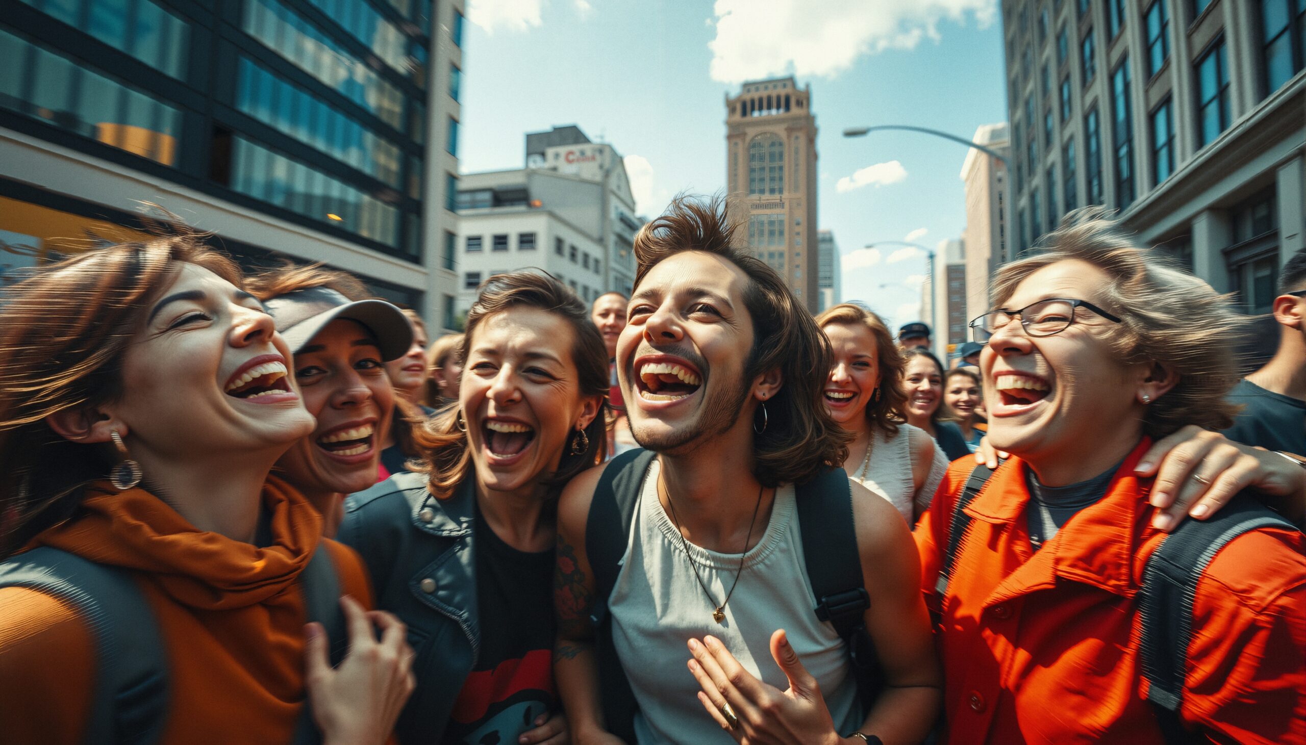 Joyful Laughter in Urban Street