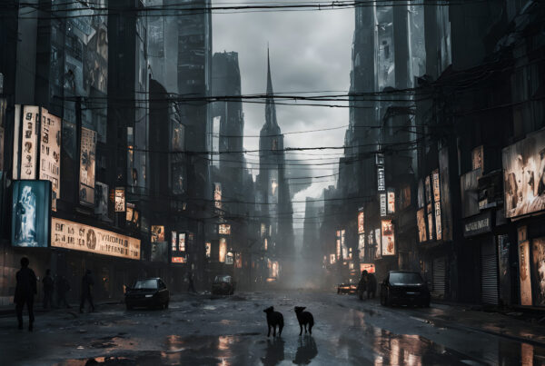 Dystopian Cityscape with Signs and Abandoned Buildings