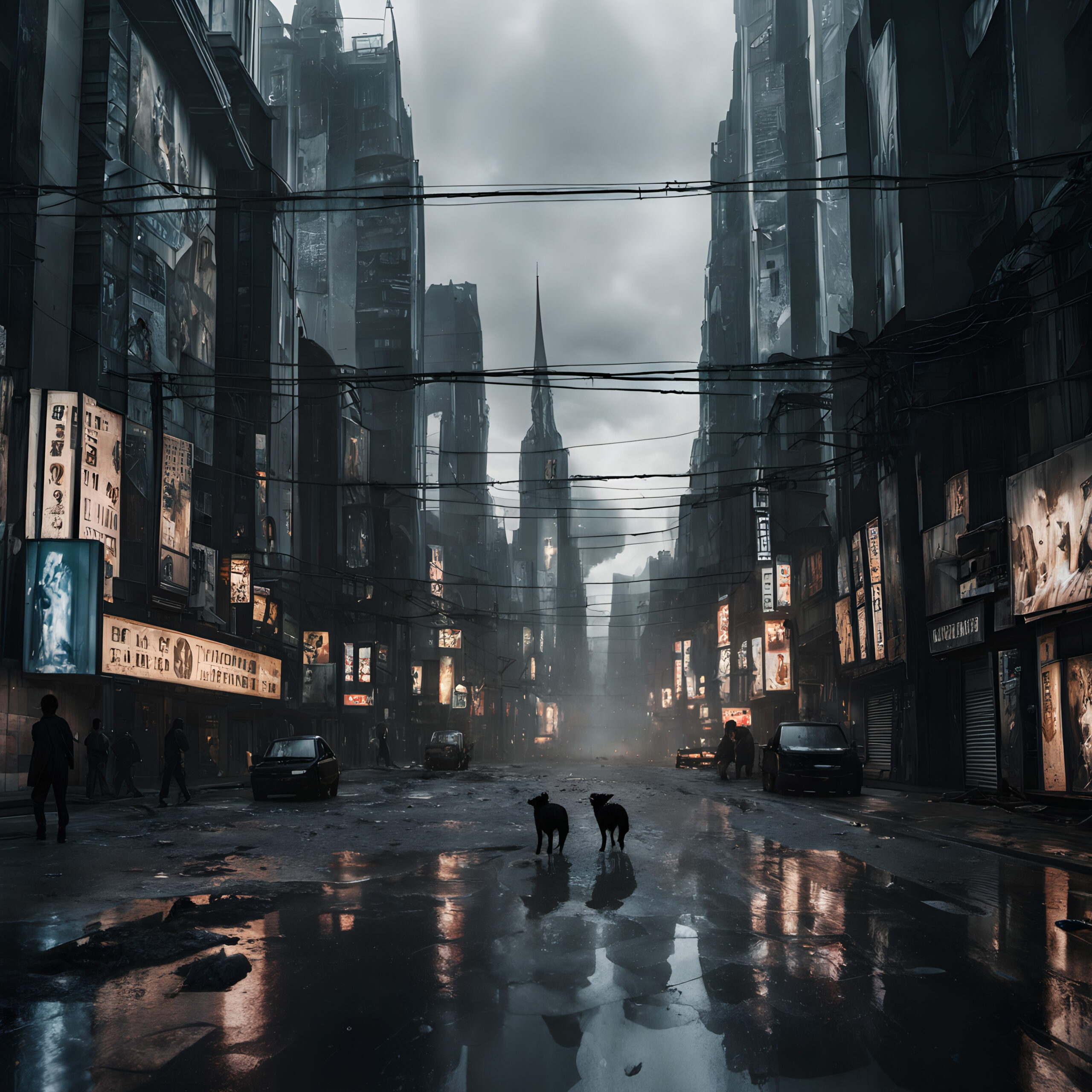 Dystopian Cityscape with Signs and Abandoned Buildings