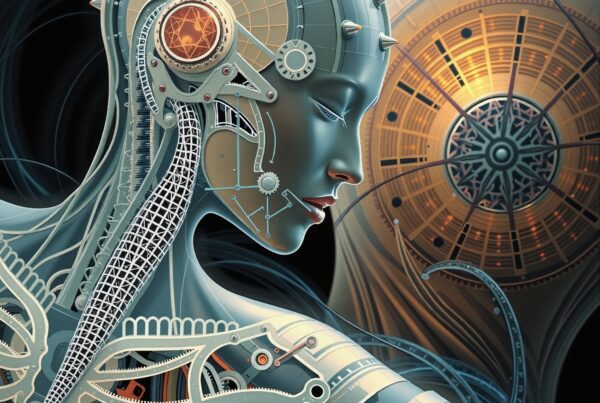 Futuristic female cyborg with intricate mechanical and digital details in blue and gold tones.