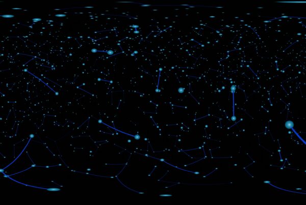 360VR 4K abstract looping plexus network with glowing blue nodes on black background, ideal for digital tech and AI-themed virtual environments.