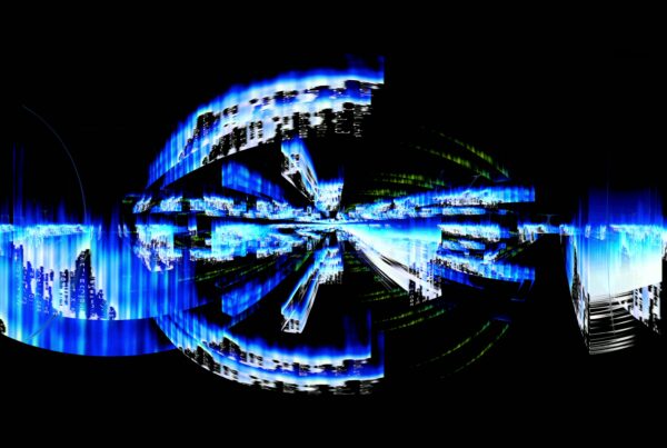 360VR 4K video loop in a futuristic abstract data stream in blue with digital glitch lines.