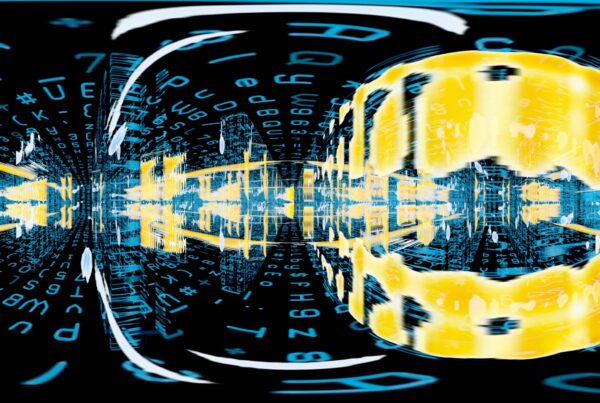 Abstract 360VR 4K video loop of a digital visualization with vibrant colors and streaming data elements in a spherical, immersive 3D animation.