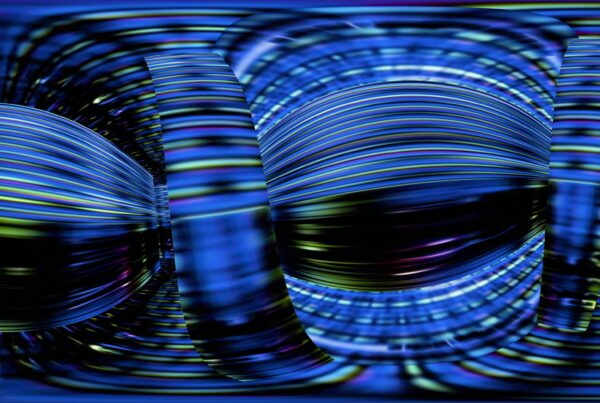 Abstract 360VR 4K video loop with streaming blue lines and vibrant colors creating a dynamic, futuristic pattern.