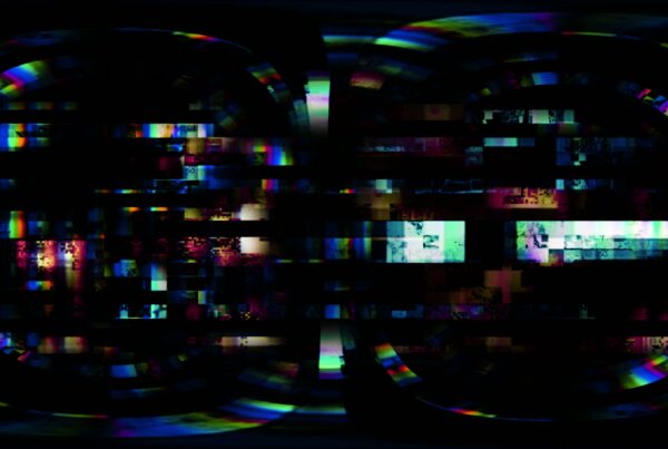 A 360VR 4K video loop of a digital abstraction featuring glitch art with colorful pixels and neon hues on a dark virtual reality background.
