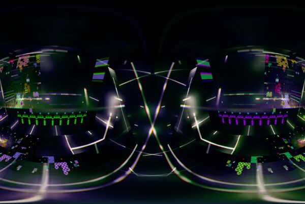 360VR immersive digital video loop environment with neon lights and geometric shapes in a futuristic landscape, creating a virtual reality experience.