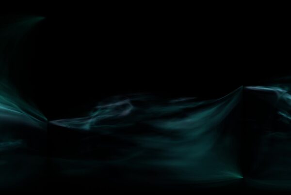 Dark abstract 360VR 4K video loop with teal and black flowing mist animation on a black background.