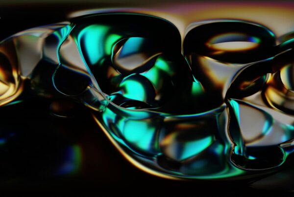 4K video loop of an iridescent 360VR bubble interior with glowing fluid surfaces and reflective multicolor highlights.