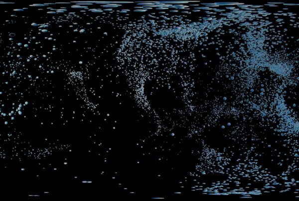 4K 360VR abstract particle field with floating blue spheres on a dark immersive video background.