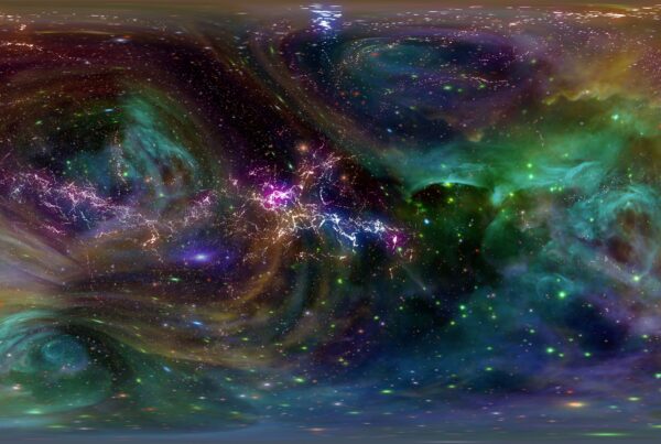 A vibrant, 360VR looping video with swirling cosmic nebula with colorful hues, bright stars, and dynamic light streaks fill this deep space virtual environment.