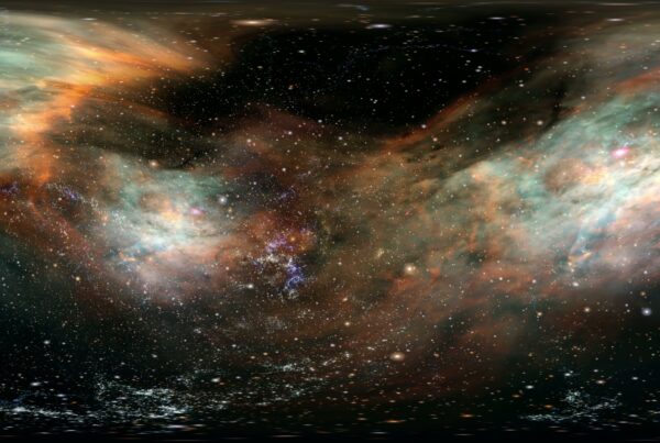 A beautiful 360VR 4K video loop of a journey through a colorful nebula with scattered stars in deep space.