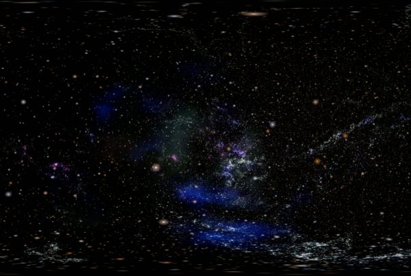 A breathtaking 360VR looping video of a star-filled cosmic journey with luminous nebulae in an stunning immersive experience.