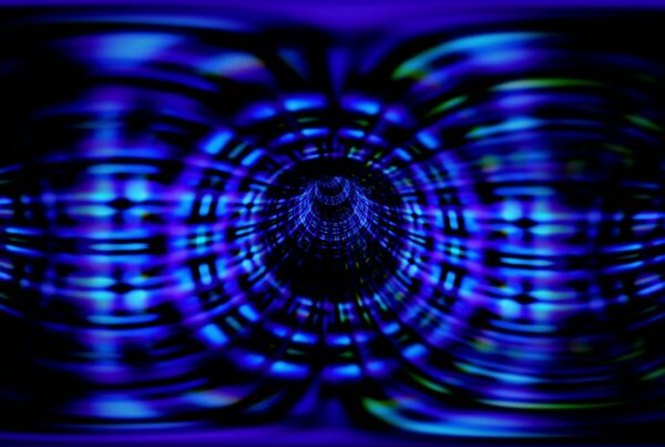 360VR abstract digital tunnel with streaming blue data patterns.