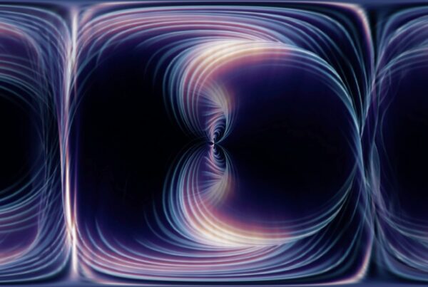 360VR 4K video loop of an abstract luminous vortex with immersive swirling light patterns in shades of blue, violet, and pink, creating a sense of depth and energy.