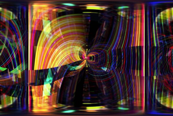 A 360VR 4K looping video of abstract, swirling multicolored light patterns forming an immersive stream of digital light.