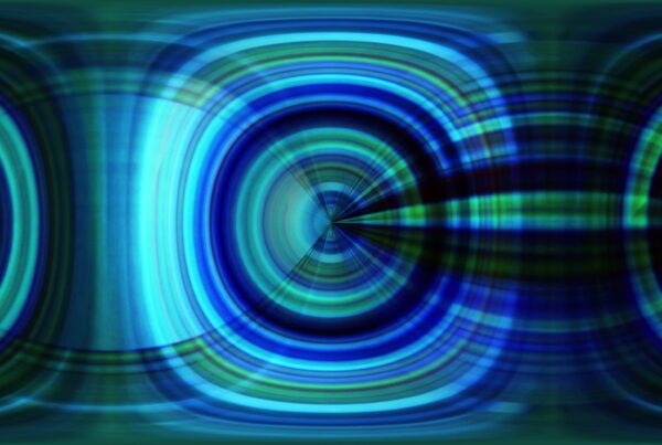 Abstract 360VR 4K video loop with concentric blue and green circles creating a immersive vortex effect.