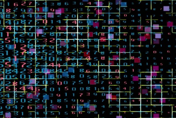 A vibrant digital video loop featuring scattered colorful numbers and intersecting lines against a black background, embodying chaotic data and modern technology themes.