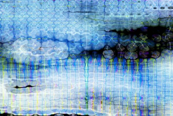 Abstract video loop with blue and yellow hues, dynamic waves, geometric patterns, and vertical lines creating a fluid, vibrant animation.